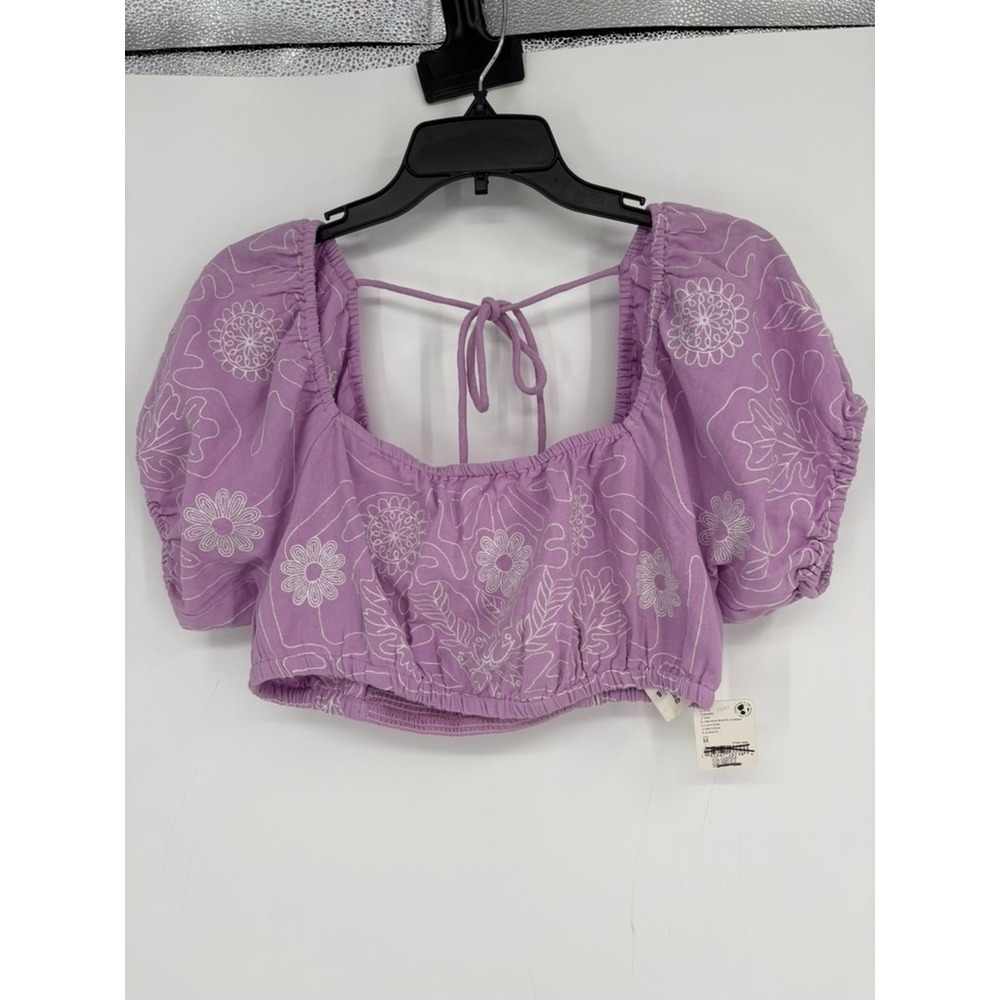 NWT Free People Top Womens M Purple Orchid White Combo Embroidered Puff Sleeve